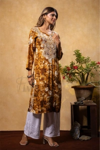 Reyon Gold Print Chikankari Straight Long Kurti- Mustard  - 2XL(44), Mustard