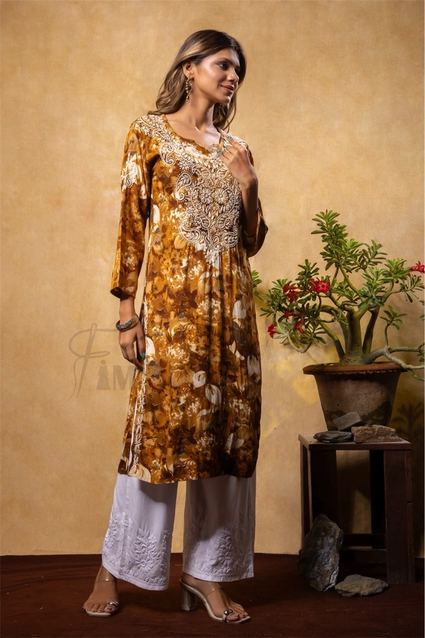 Reyon Gold Print Chikankari Straight Long Kurti- Mustard  - 2XL(44), Mustard