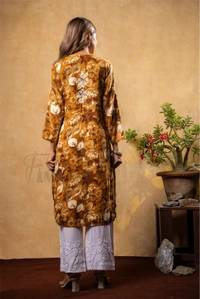 Reyon Gold Print Chikankari Straight Long Kurti- Mustard  - 2XL(44), Mustard