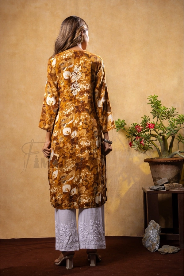 Reyon Gold Print Chikankari Straight Long Kurti- Mustard  - 2XL(44), Mustard