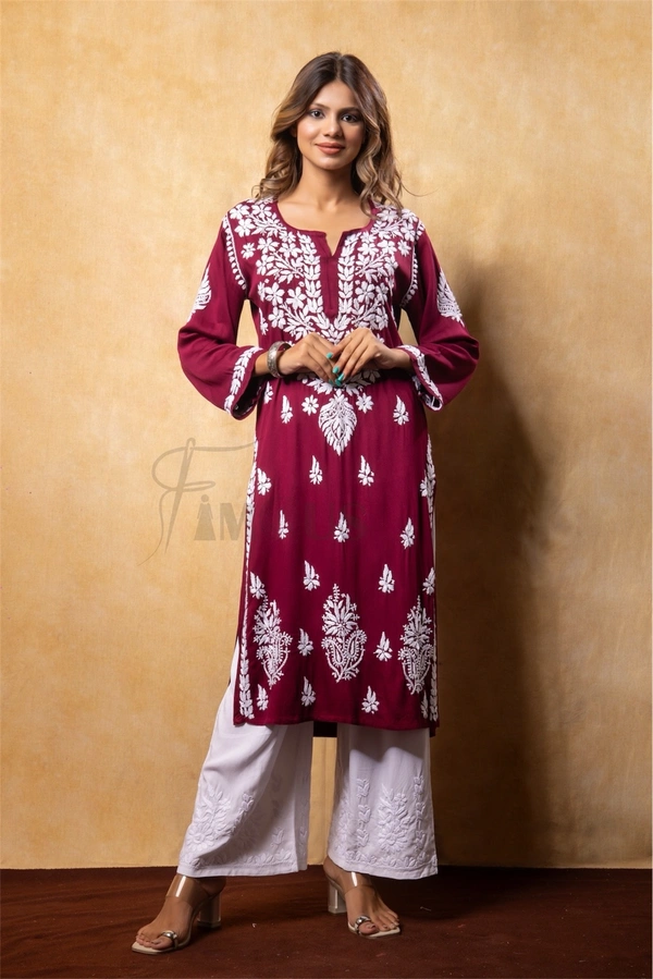 Maroon Chikankari Satin Reyon Long Kurti  - Maroon, 4XL(48)