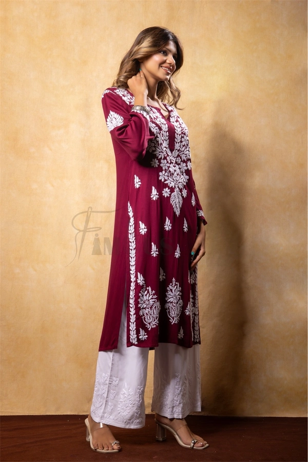 Maroon Chikankari Satin Reyon Long Kurti  - Maroon, 4XL(48)