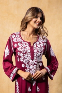 Maroon Chikankari Satin Reyon Long Kurti  - Maroon, 4XL(48)