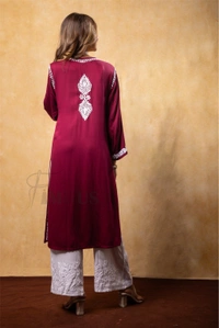Maroon Chikankari Satin Reyon Long Kurti  - Maroon, 4XL(48)