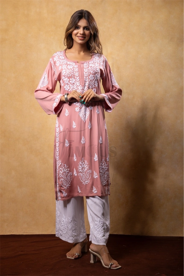 Peach Chikankari Satin Reyon Long Kurti  - 4XL(48), Peach