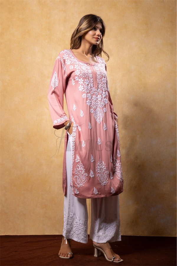 Peach Chikankari Satin Reyon Long Kurti  - 4XL(48), Peach