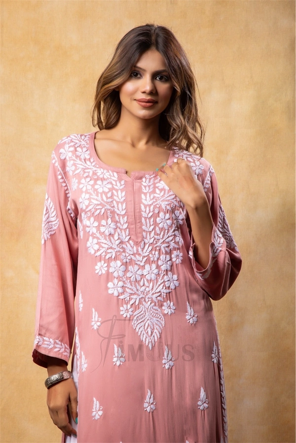 Peach Chikankari Satin Reyon Long Kurti  - 4XL(48), Peach