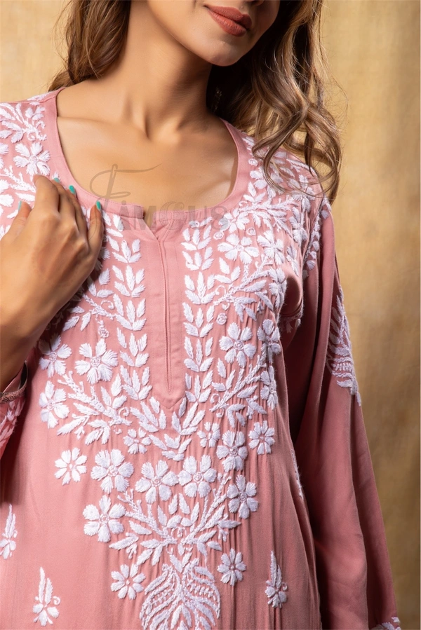 Peach Chikankari Satin Reyon Long Kurti  - 4XL(48), Peach
