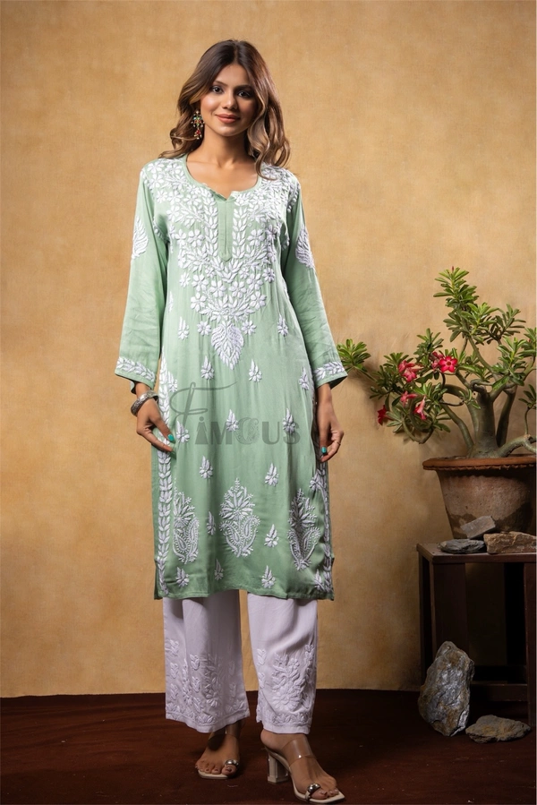 Sea Green Chikankari Satin Reyon Long Kurti  - XL(42), Sea Green