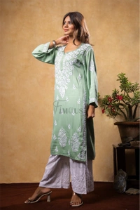 Sea Green Chikankari Satin Reyon Long Kurti  - XL(42), Sea Green