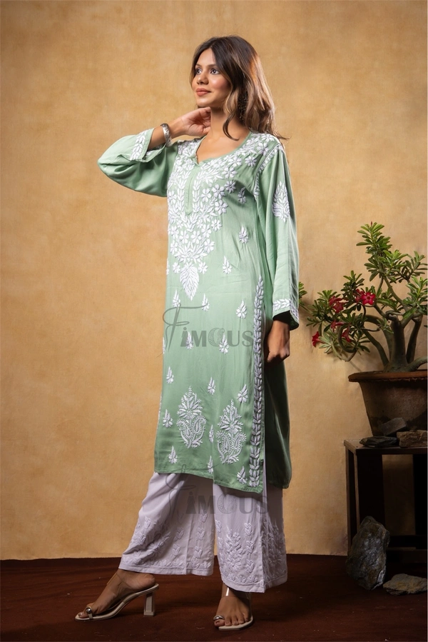 Sea Green Chikankari Satin Reyon Long Kurti  - XL(42), Sea Green