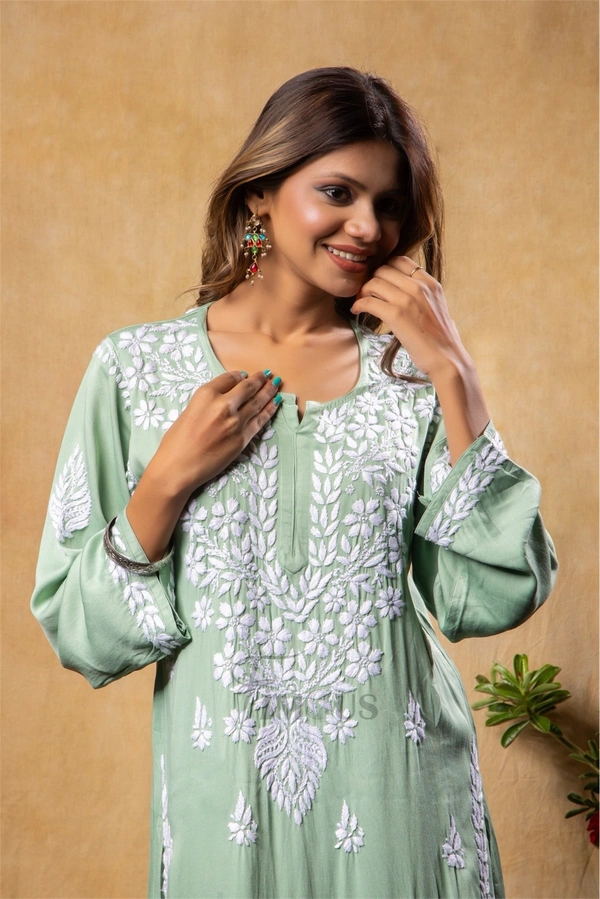 Sea Green Chikankari Satin Reyon Long Kurti  - XL(42), Sea Green