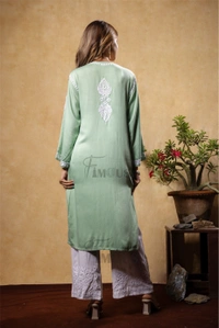 Sea Green Chikankari Satin Reyon Long Kurti  - XL(42), Sea Green