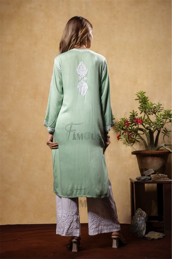 Sea Green Chikankari Satin Reyon Long Kurti  - XL(42), Sea Green