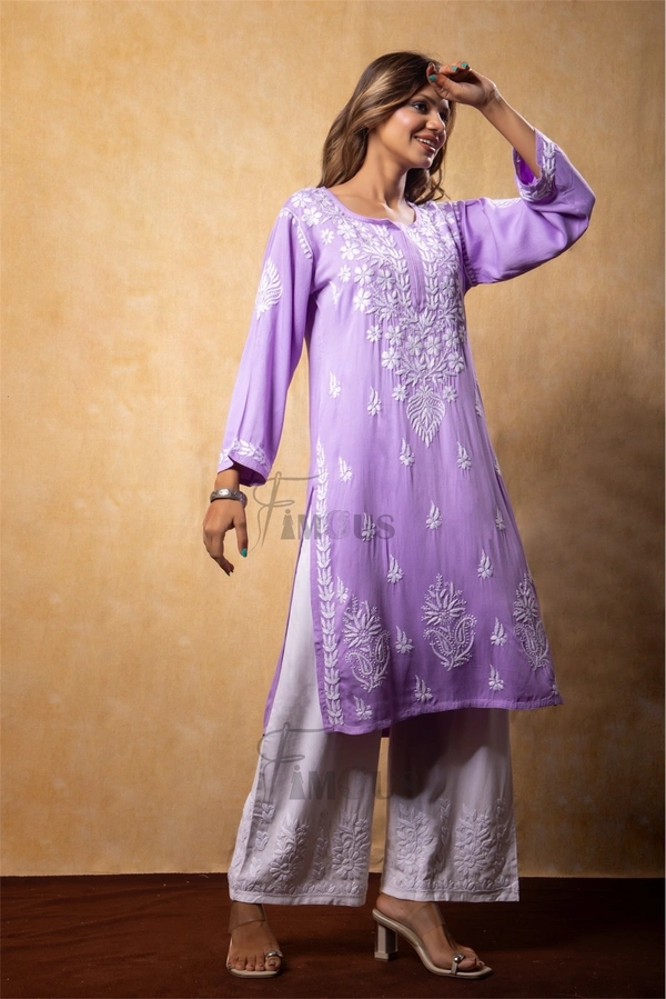 Lilac Chikankari Satin Reyon Long Kurti  - L(40), Lilac