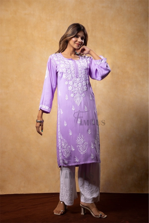 Lilac Chikankari Satin Reyon Long Kurti  - L(40), Lilac