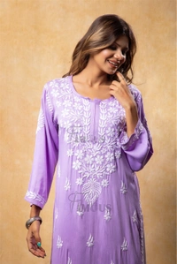 Lilac Chikankari Satin Reyon Long Kurti  - L(40), Lilac