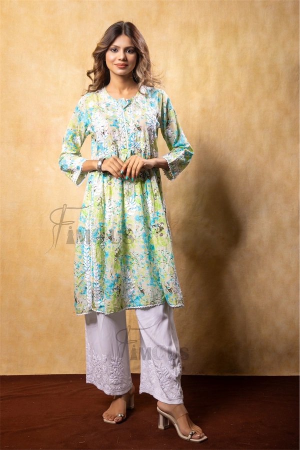 Green Floral Print Chikankari A Line Kurti - Leaf Green, L(40)
