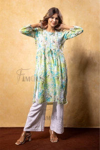 Green Floral Print Chikankari A Line Kurti - Leaf Green, L(40)