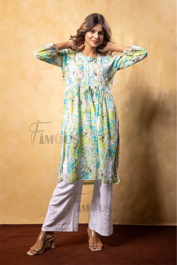Green Floral Print Chikankari A Line Kurti - Leaf Green, L(40)