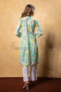 Green Floral Print Chikankari A Line Kurti - Leaf Green, L(40)