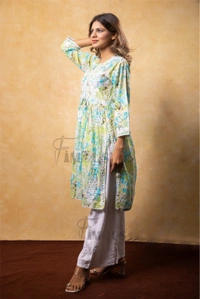 Green Floral Print Chikankari A Line Kurti - Leaf Green, 2XL(44)