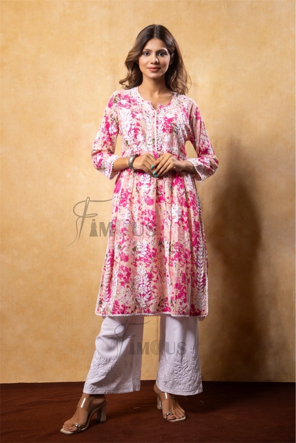 Pink Floral Print Chikankari A Line Kurti - L(40), Pink