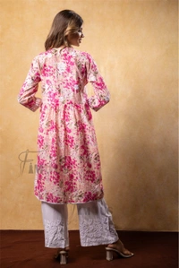 Pink Floral Print Chikankari A Line Kurti - L(40), Pink