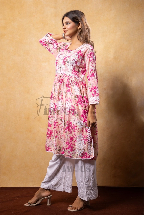 Pink Floral Print Chikankari A Line Kurti - XL(42), Pink