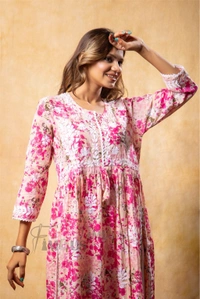 Pink Floral Print Chikankari A Line Kurti - XL(42), Pink
