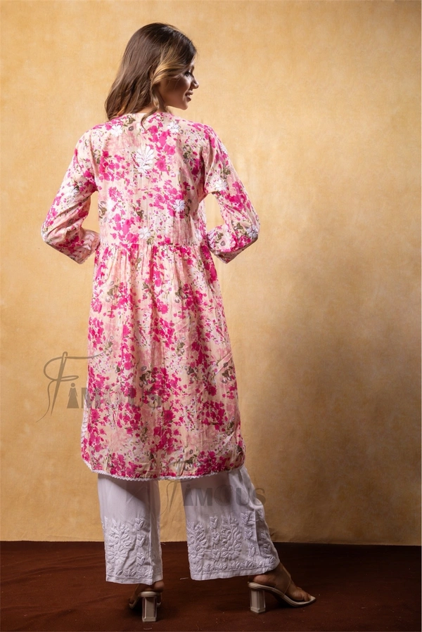 Pink Floral Print Chikankari A Line Kurti - 2XL(44), Pink