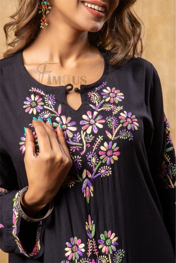 Nargis Chikankari Multi Embroidered Long Kurta - Black - Black, M(38)
