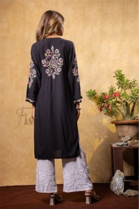 Nargis Chikankari Multi Embroidered Long Kurta - Black - Black, L(40)