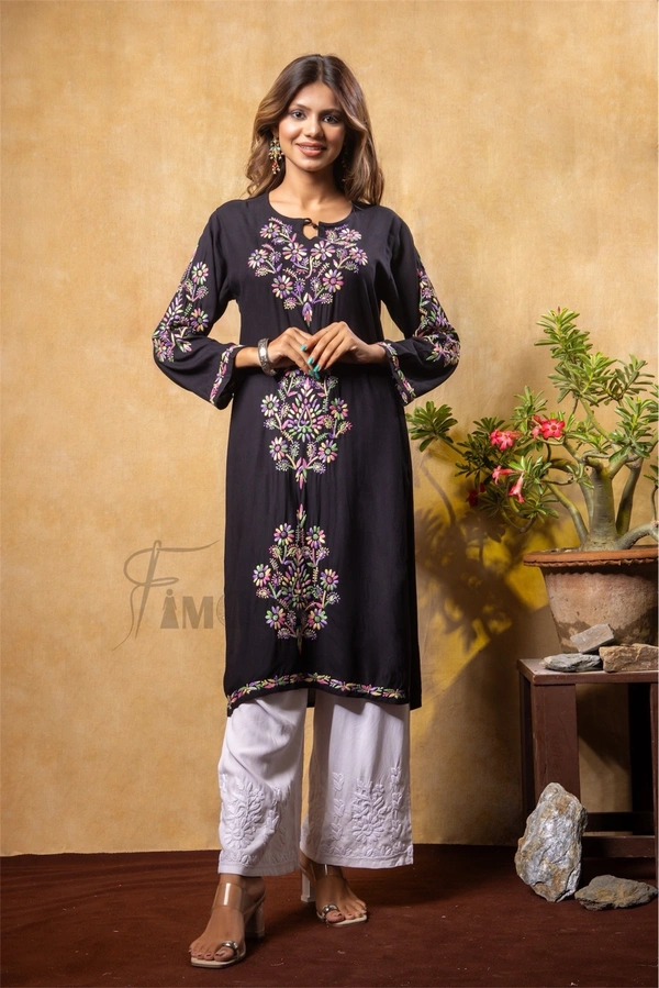 Nargis Chikankari Multi Embroidered Long Kurta - Black - Black, XL(42)