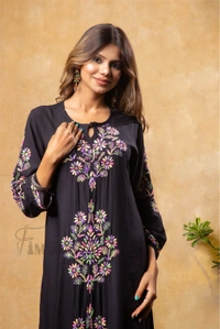 Nargis Chikankari Multi Embroidered Long Kurta - Black - Black, XL(42)