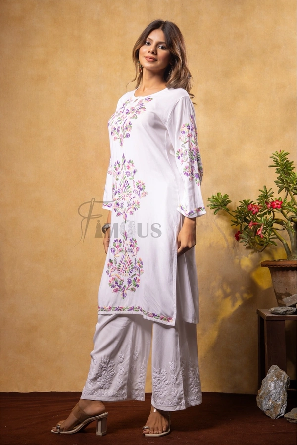 Nargis Chikankari Multi Embroidered Long Kurta - White - 3XL(46), White