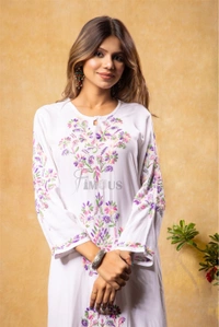 Nargis Chikankari Multi Embroidered Long Kurta - White - 3XL(46), White