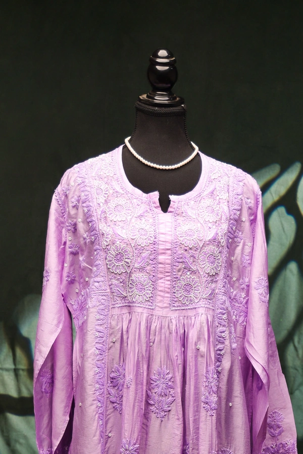 Lilac Elegant Chikankari Semi-Stitched Gown With Dupatta - Lilac, Semi Stiched