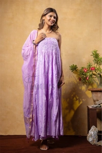 Lilac Elegant Chikankari Semi-Stitched Gown With Dupatta - Lilac, Semi Stiched