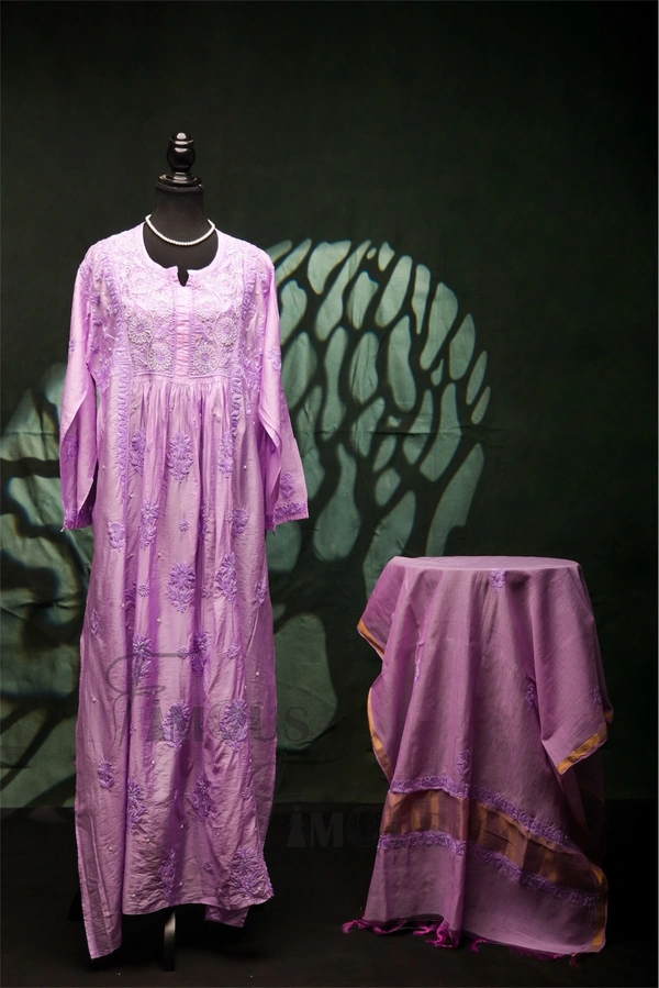 Lilac Elegant Chikankari Semi-Stitched Gown With Dupatta - Lilac, Semi Stiched
