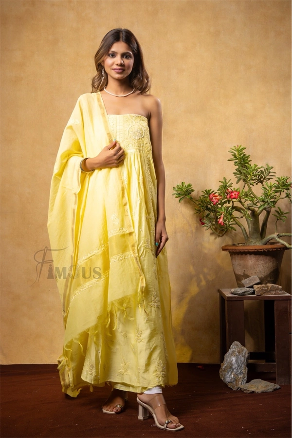 Lemon Yellow Elegant Chikankari Semi-Stitched Gown With Dupatta - Semi Stiched, Lemon Yellow