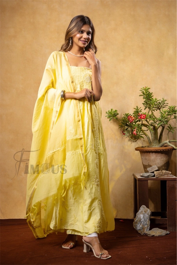 Lemon Yellow Elegant Chikankari Semi-Stitched Gown With Dupatta - Semi Stiched, Lemon Yellow