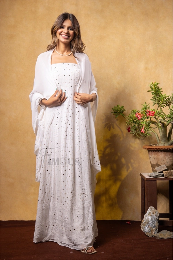 Premium Chikankari With Mukaish Anarkali And Dupatta Set - Off White, Semi Stiched