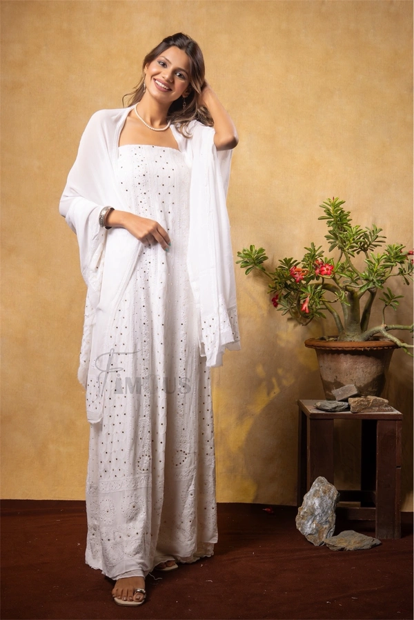 Premium Chikankari With Mukaish Anarkali And Dupatta Set - Off White, Semi Stiched
