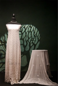 Premium Chikankari With Mukaish Anarkali And Dupatta Set - Off White, Semi Stiched