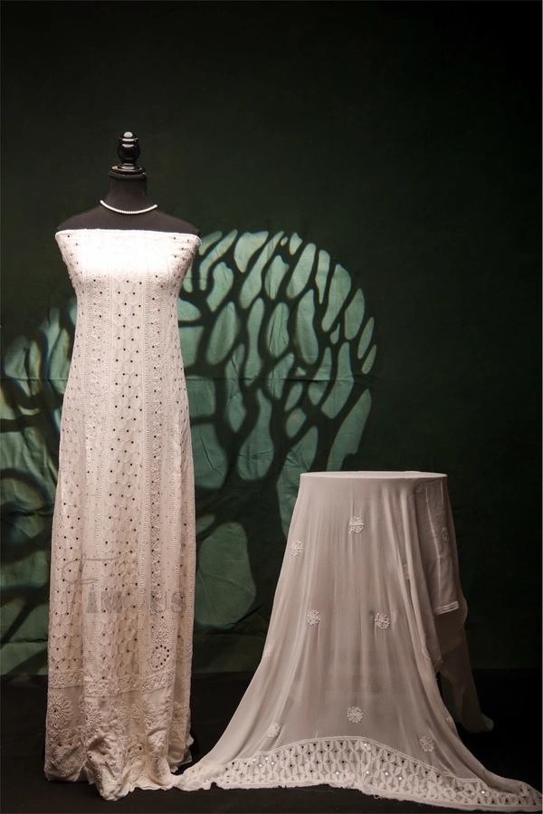 Premium Chikankari With Mukaish Anarkali And Dupatta Set - Off White, Semi Stiched