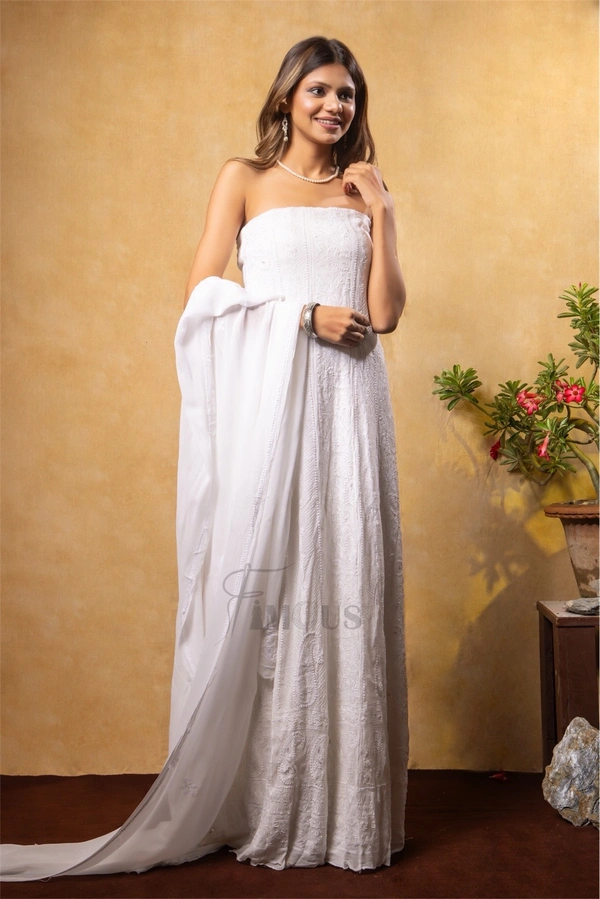 Premium Chikankari And Zardozi Anarkali And Dupatta Set - Off White, Semi Stiched
