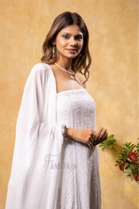 Premium Chikankari And Zardozi Anarkali And Dupatta Set - Off White, Semi Stiched
