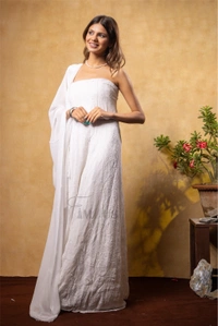Premium Chikankari And Zardozi Anarkali And Dupatta Set - Off White, Semi Stiched