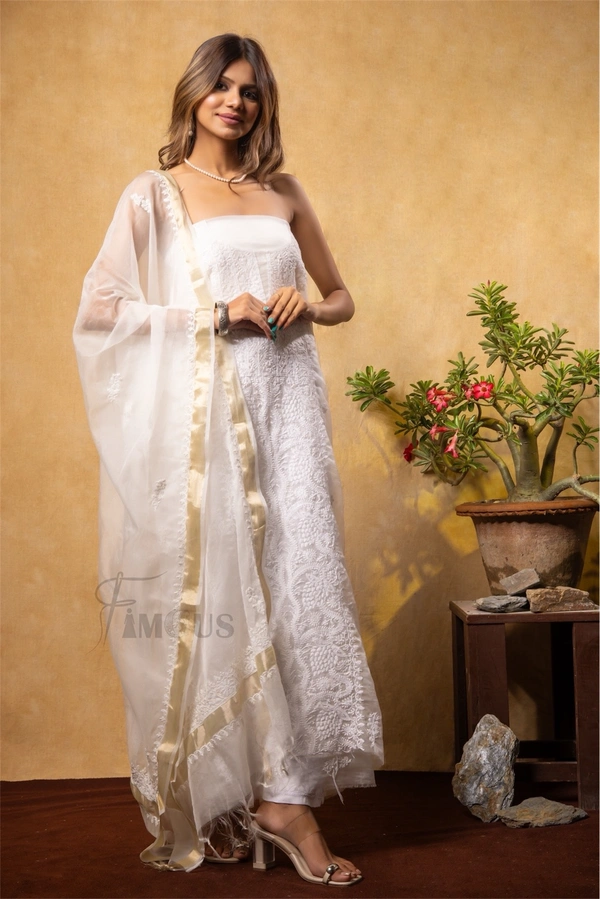 Premium Chikankari White Organza Kurta Dupatta  Set - White, Unstiched